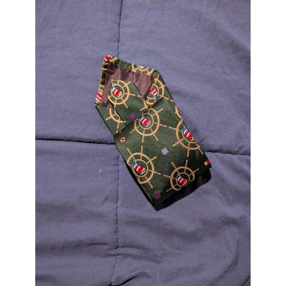 Polo Ralph Lauren Nautical Ship Wheel Handmade Green Silk Tie Vintage 3.5x59